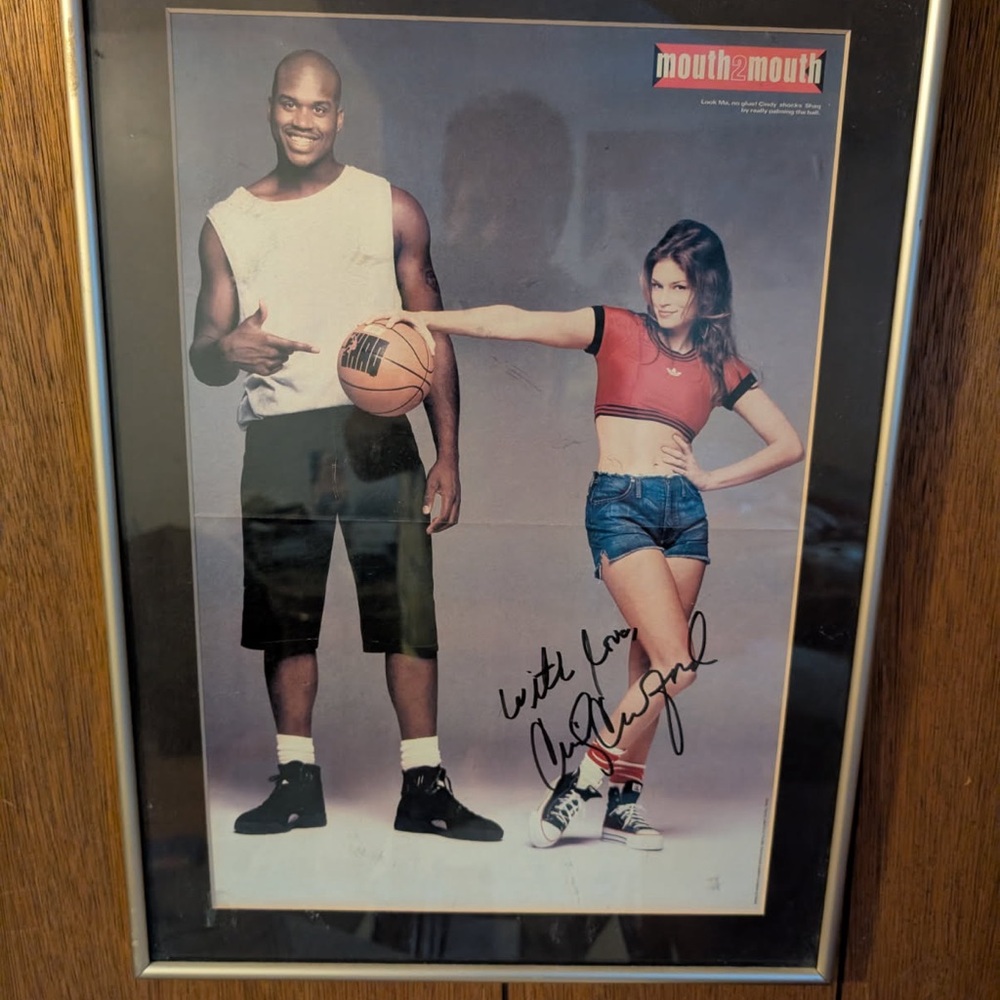 Signed Cindy Crawford pic w/ Shaq Basketball Theme 1993